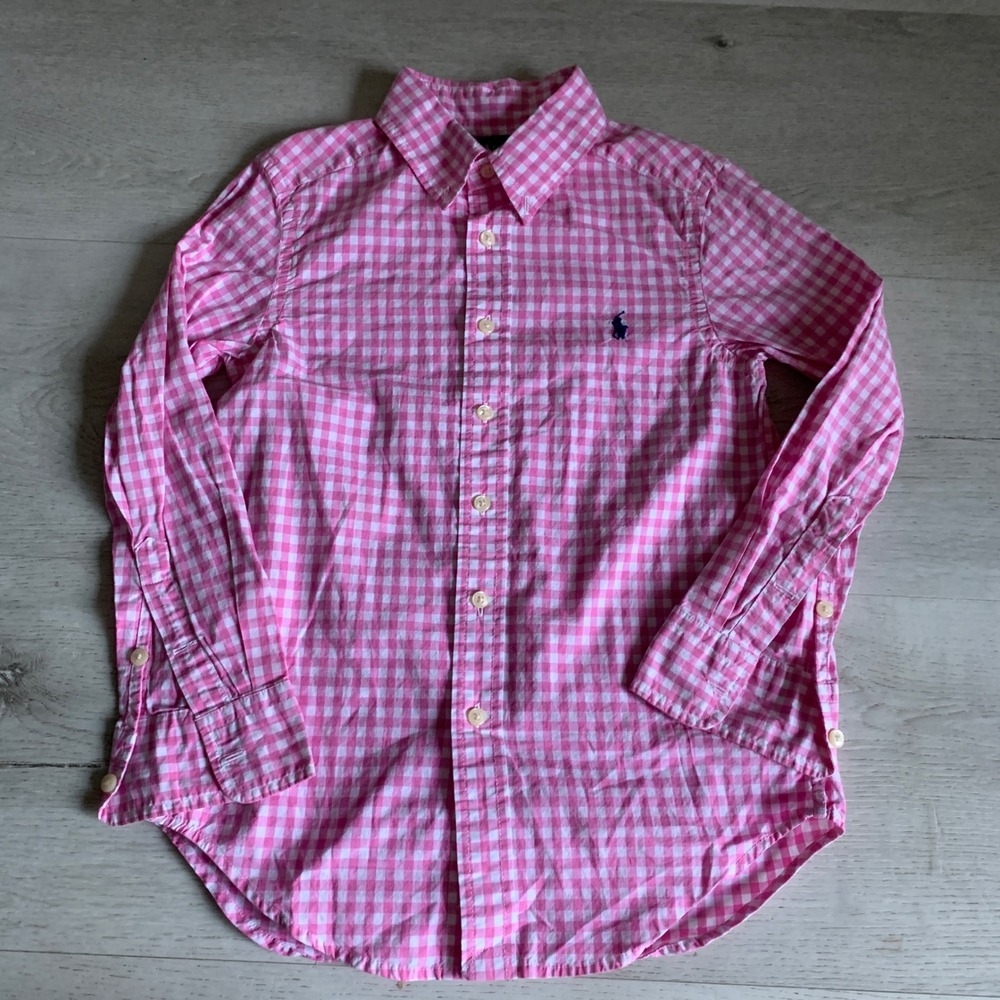 Ralph Lauren Kids Pink Gingham Check‎ Button Down Shirt Size S 8 Pony Logo